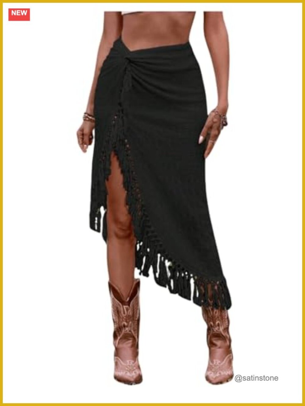 SHENHE Women's Twist Front Slit Boho Fringe Tassel Midi Skirt High Waisted